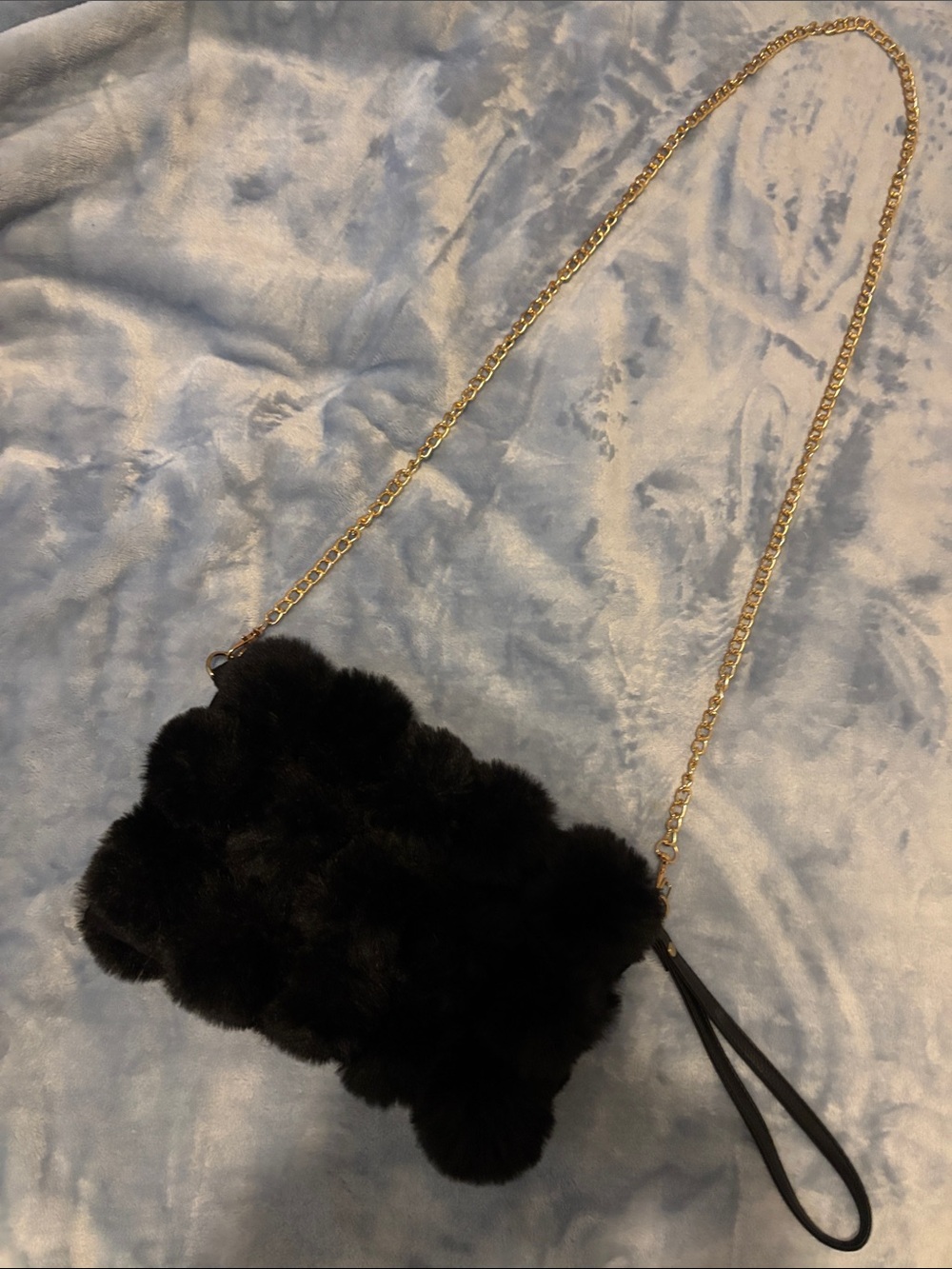 Black Faux Fur Crossbody Bag with Gold Chain